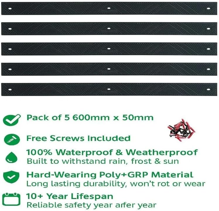 GreenTec 5 Pack 24" x 2" (600mm x 50mm) Non-Slip Decking Strips | Hard Wearing Polypropylene with Fixings | Outdoor Safety for Decks, Steps & Ramps | 10+ Year Lifespan (Black) - Image 3
